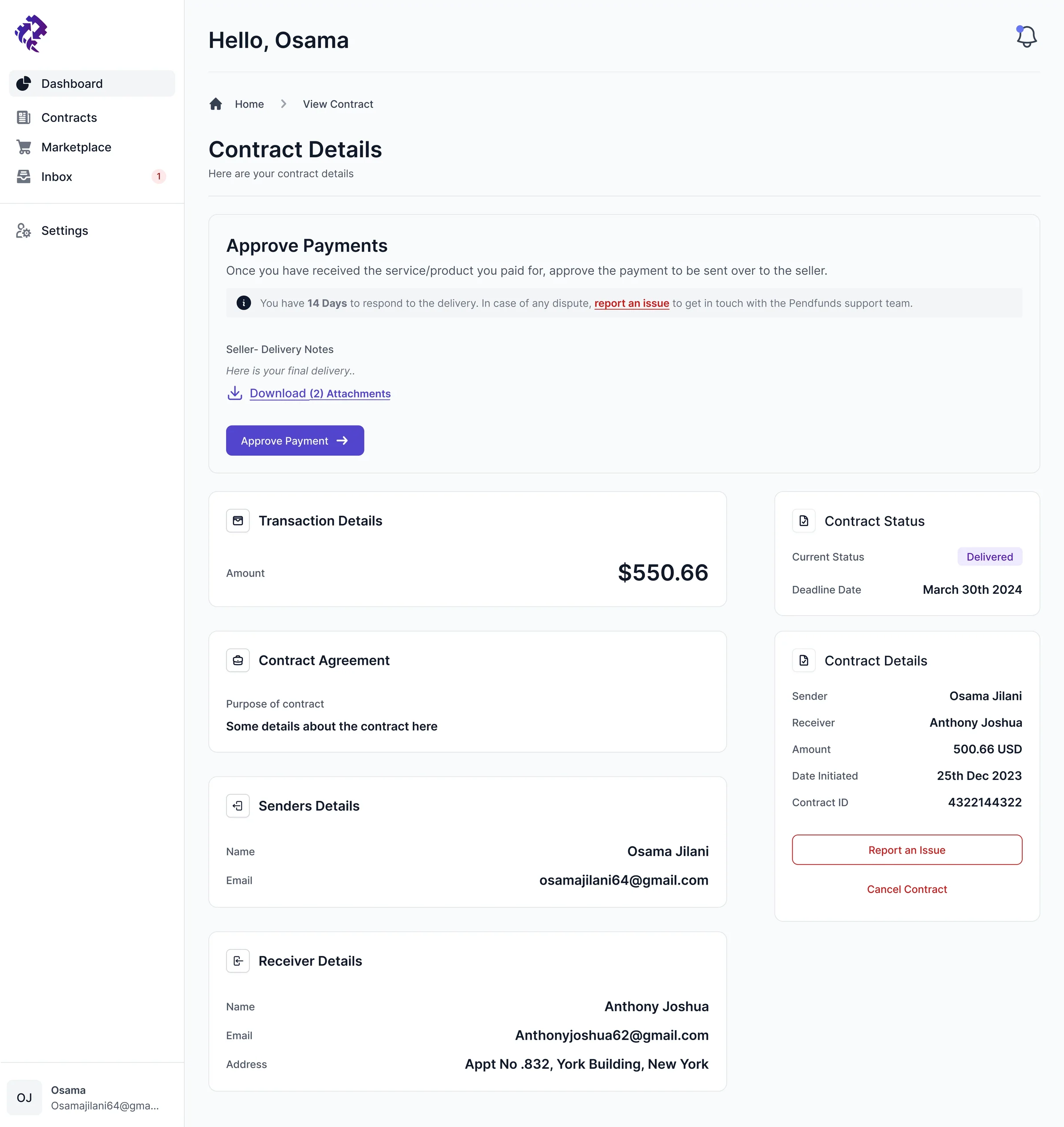PendFunds screen